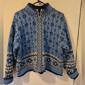 Icelandic Design Fair Isle Lined Full Zip Cardigan Sweater Blue Women's Size XL